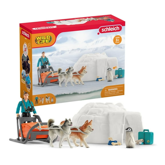 Schleich Wild Life 19PC Antarctic Expedition Igloo Playset with Ranger, Sled Dogs, and Penguin
