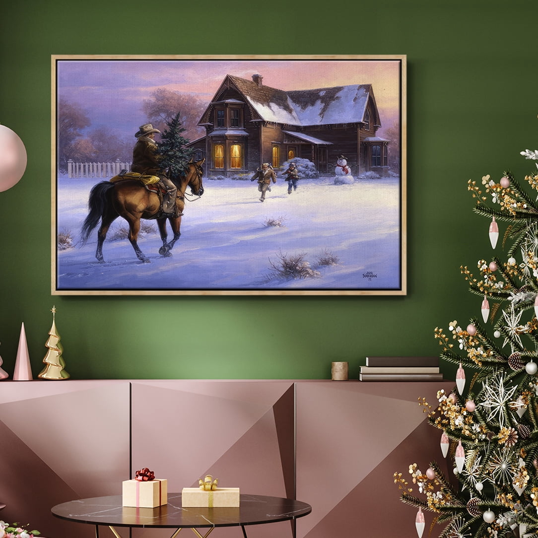 The Day Daddy Brought Home the Tree - Framed Gallery Wrapped Holiday Canvas - 25 x 37 - Natural Wood Frame