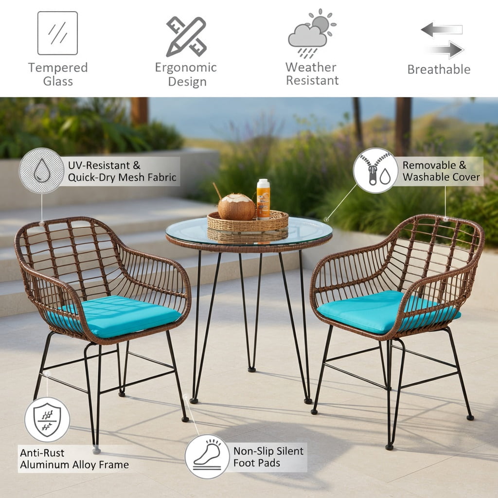 Hommoo 3-Piece Outdoor Rattan Bistro Set with Cushions, Brown Wicker, Tempered Glass Table & Removable Cushions for Patio, Balcony, Poolside, Turquoise