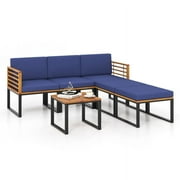 YYAo Outdoor Bistro Set, Outdoor Conversation Sets, 6 Piece Patio Acacia Wood Conversation Sofa Set with Ottomans and Coffee Table-Navy