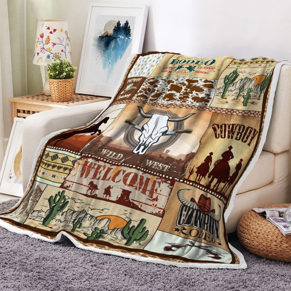 Western Cowboy Blankets, Retro Rustic Cowboy Hat Boot Throw Blanket