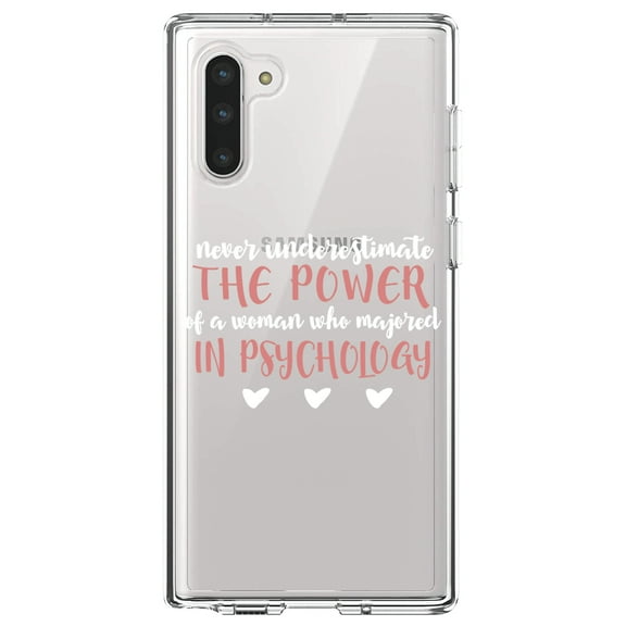 DistinctInk Clear Shockproof Hybrid Case for Samsung Galaxy Note 10 (6.3" Screen) - TPU Bumper Acrylic Back Tempered Glass Screen Protector - Never Underestimate Woman in Psychology