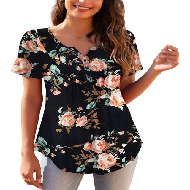 CHOK Womens Plus Size Tunic Tops Short Sleeve Casual Floral Henley Shirts m-4x