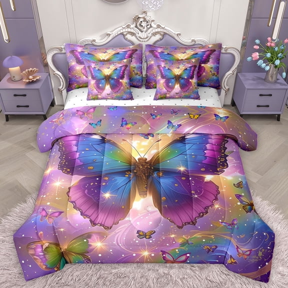Homewish Kids Teens Flying Butterflies Twin Bedding Sets 7-Piece,Abstract Gradient Bedding Comforter Set Microfiber,Dreamy Princess Breathable Sheet Sets,Ultra Soft Home Decor,Reversible
