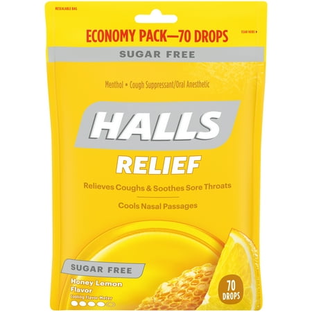 Halls Sugar Free Honey Lemon Cough Suppressant/Oral Anesthetic Menthol Drops 70 ct