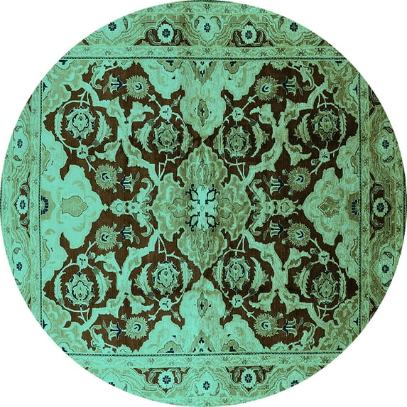 Ahgly Company Machine Washable Indoor Round Oriental Turquoise Blue Traditional Area Rugs, 7' Round