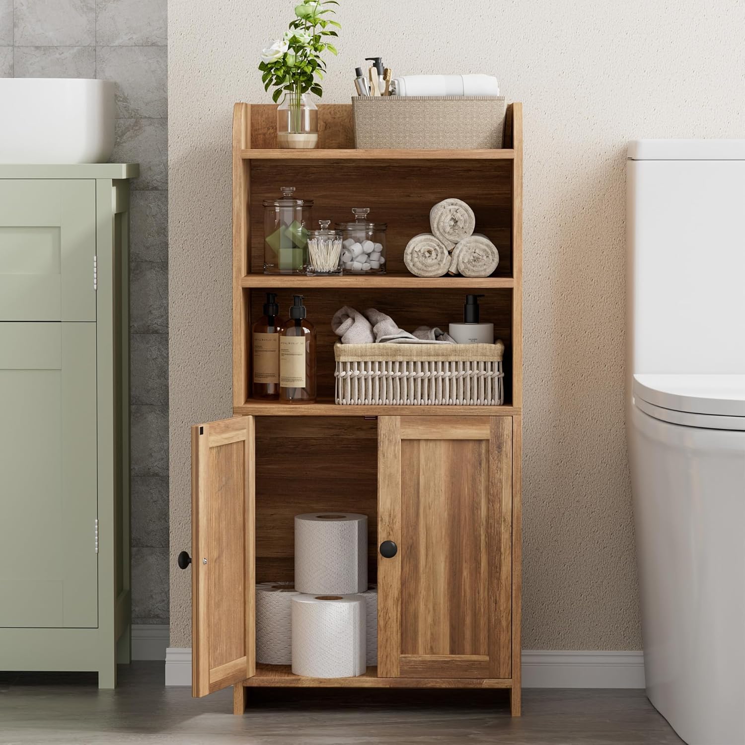 Small Bathroom Storage Cabinet, Freestanding Toilet Paper Storage with 2 Doors and Shelves, Bathroom Organizers and Storage for Small Spaces, 7.9" D x 14.6" W x 31" H, Rustic Walnut