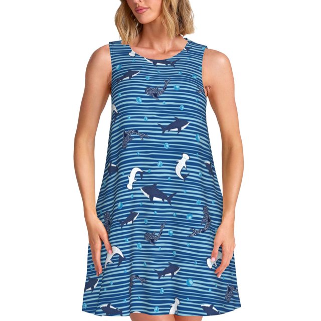 Disketp Sharks on White Blue Striped para Vestido sin Mangas para Mujeres, Vestidos de Verano para Mujeres, Casual y Holgado para la Playa