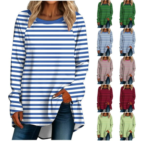 HVOBTTY Womens Long Sleeve Pullover T Shirt, Fall Tops for Women, Women's Casual Round Neck Striped Print Long Shirt Green, L