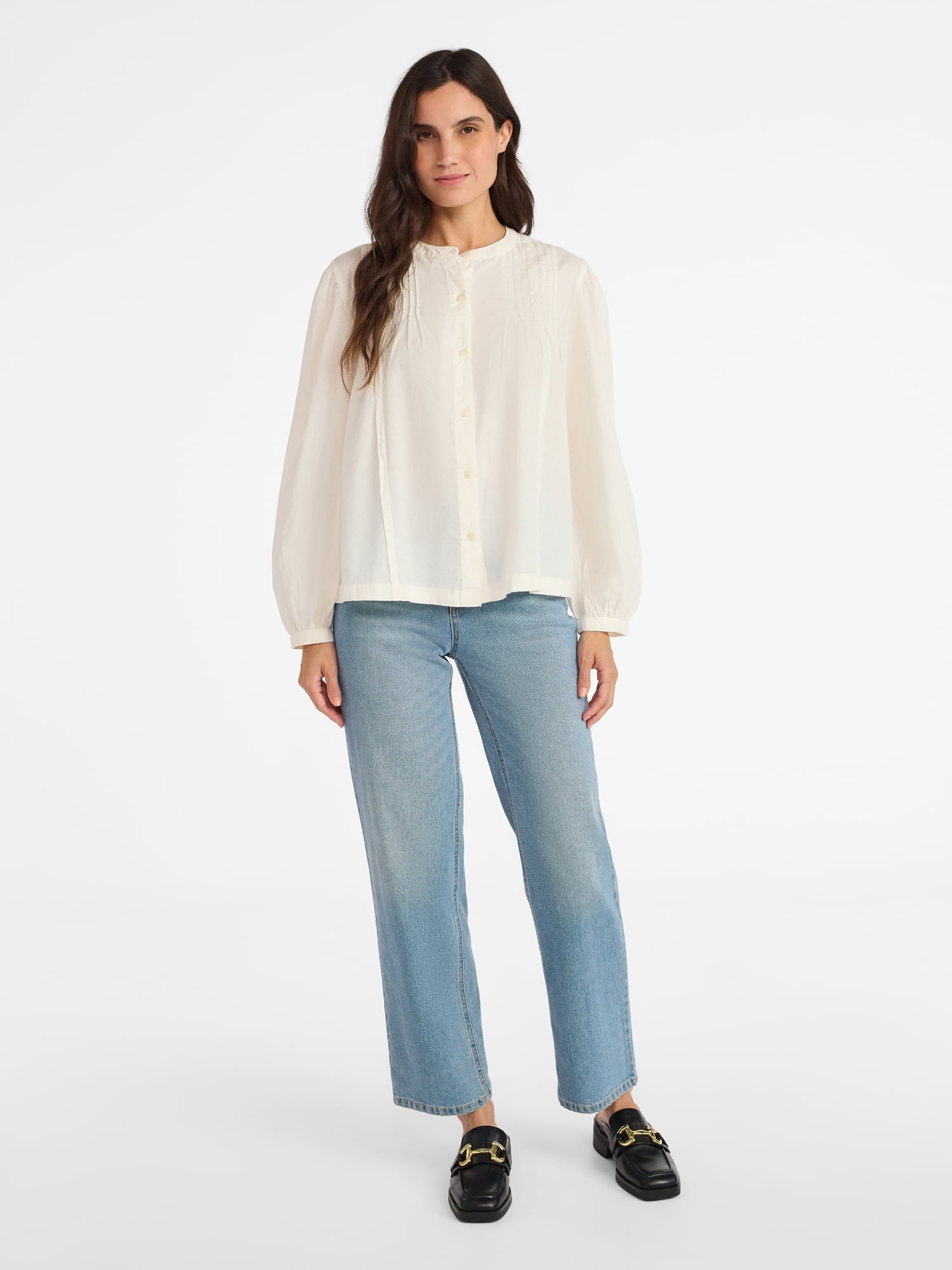 Time and Tru Women's Pintuck Blouse with Long Sleeves, Sizes XS-XXXL