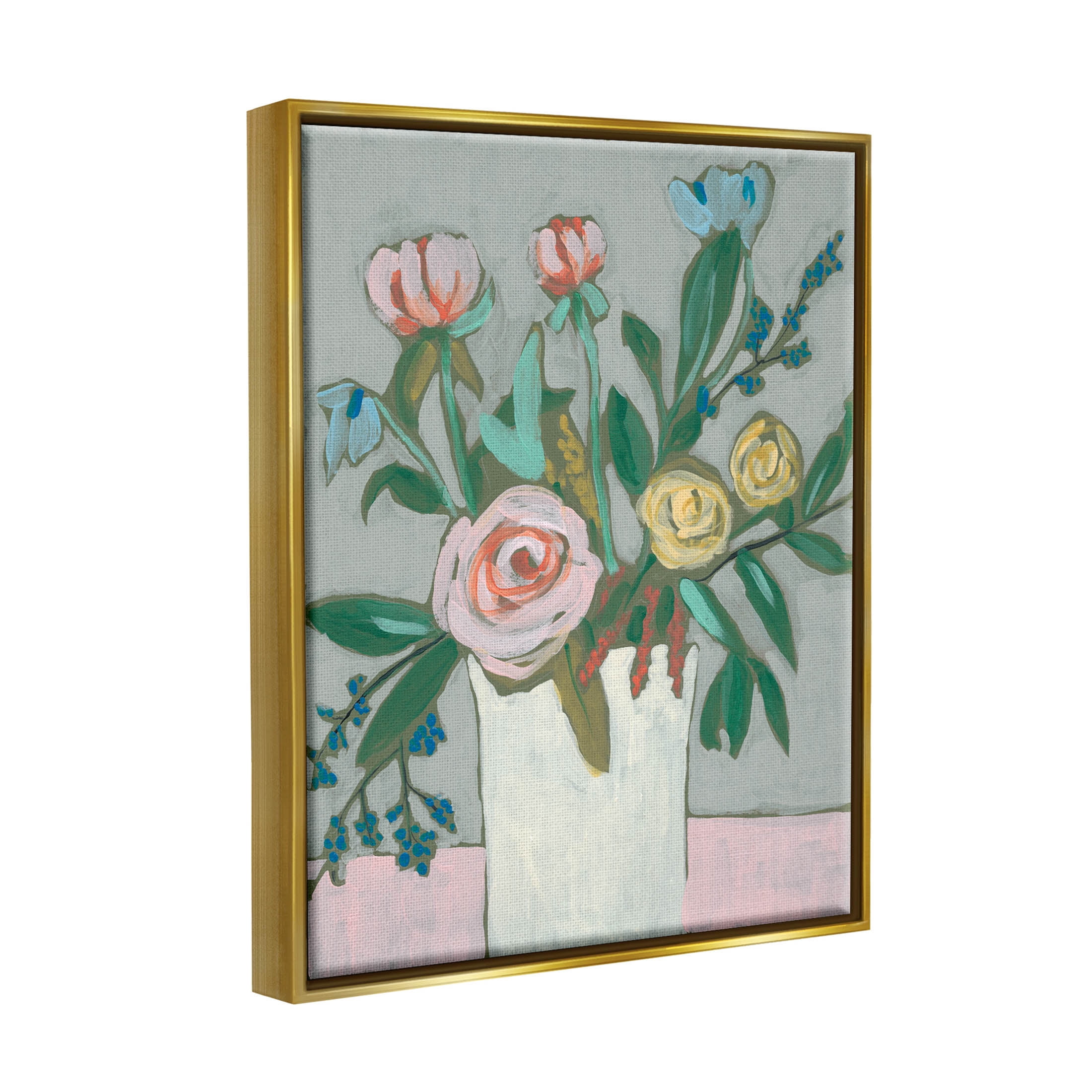 Modern Rose Blossoms Bouquet Botanical & Floral Painting Metallic Gold Framed Art Print Wall Art