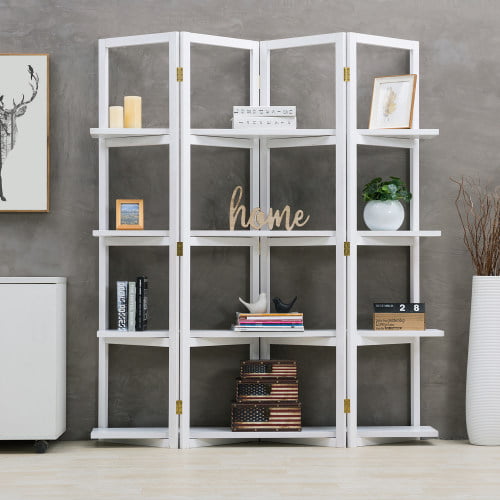 Mygift 4 Panel Open Bookcase Style White Wood Room Divider With 4 Shelves Walmart Com Walmart Com