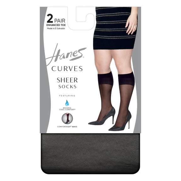 Hanes Curves Women's Sheer Socks, 2-Pairs Black 1X/2X