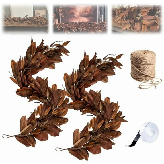 Guvpev 2Pcs Brown Magnolia Leaf Garland for Fall Decor, 6FT Realistic Faux Magnolia Leaf Fall Garland, Rustic Fall Leafs Decor for Home, Mantel, Porch, Table, Indoor, Outdoor Thanksgiving Decorations