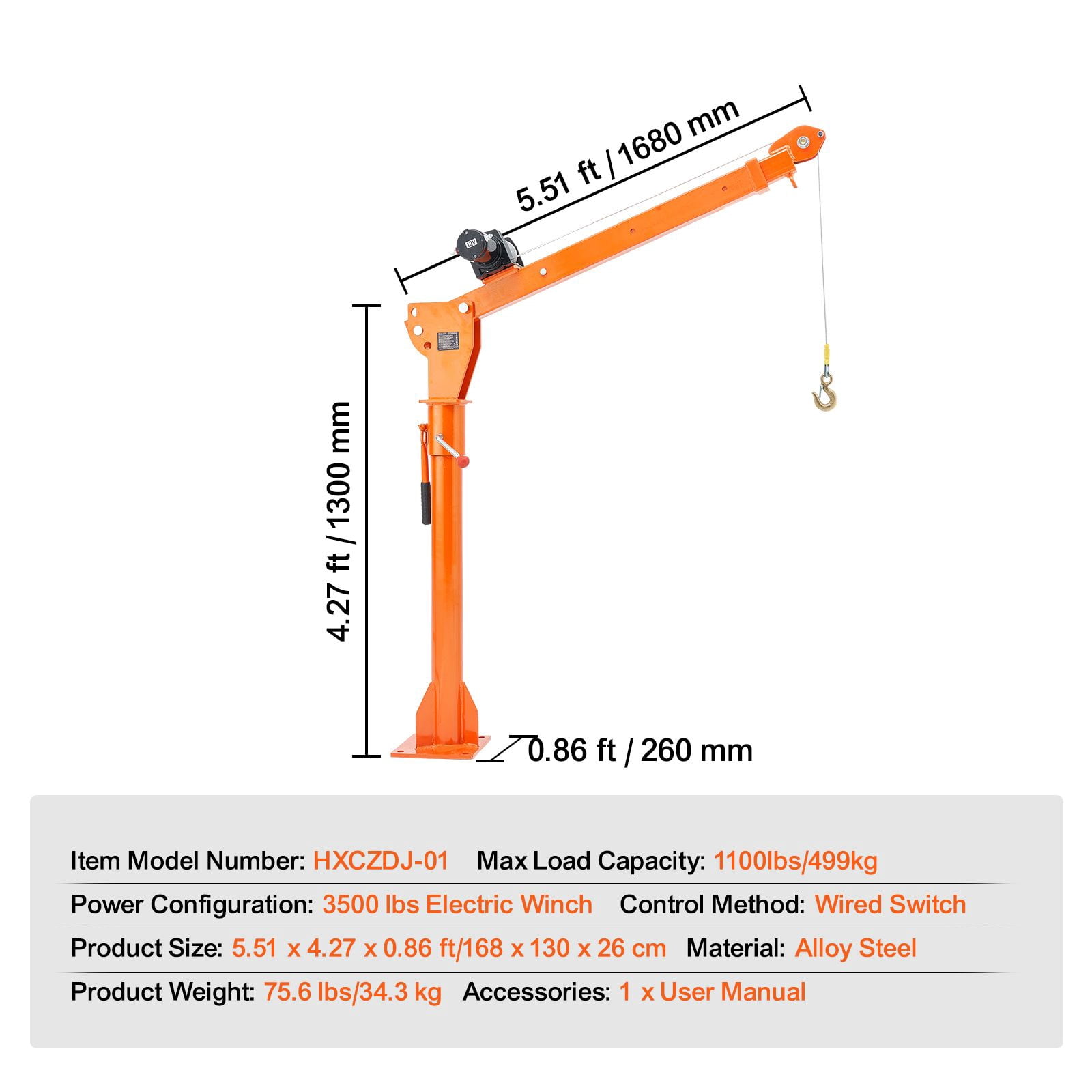 Dranite 1100 Lbs Electric Pickup Truck Crane, Folding Bed Crane