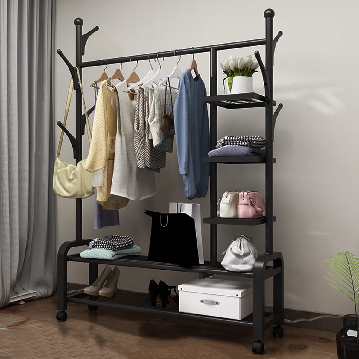 Clothing Garment Rack with Shelves, Metal Cloth Hanger Rack Stand