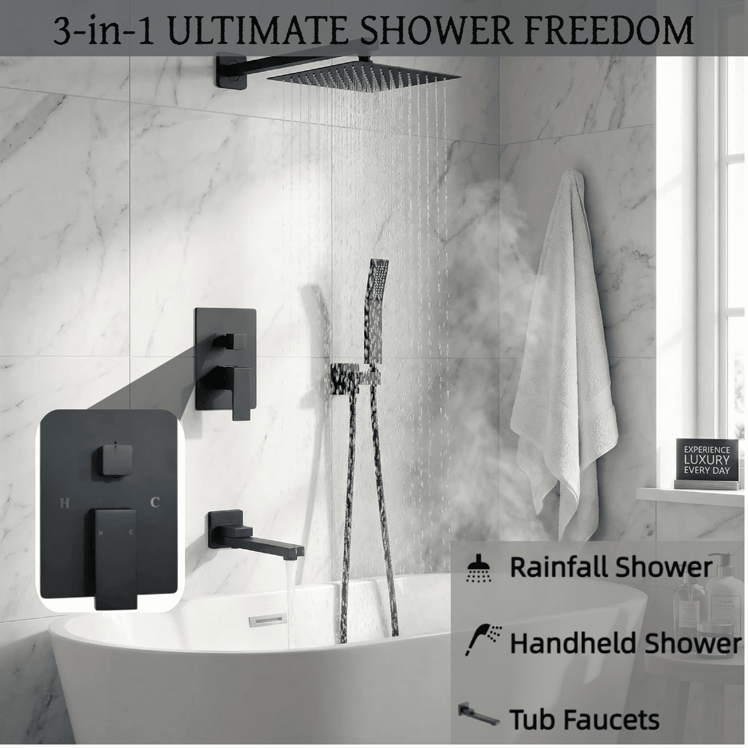 LIFERECORD 3-in-1 Matte Black Shower System with Rainfall Shower Head, Handheld Shower & Tub Spout, Adjustable Bathroom Shower Fixture with Brass Rough-In Valve, Easy Clean Silicone Nozzles