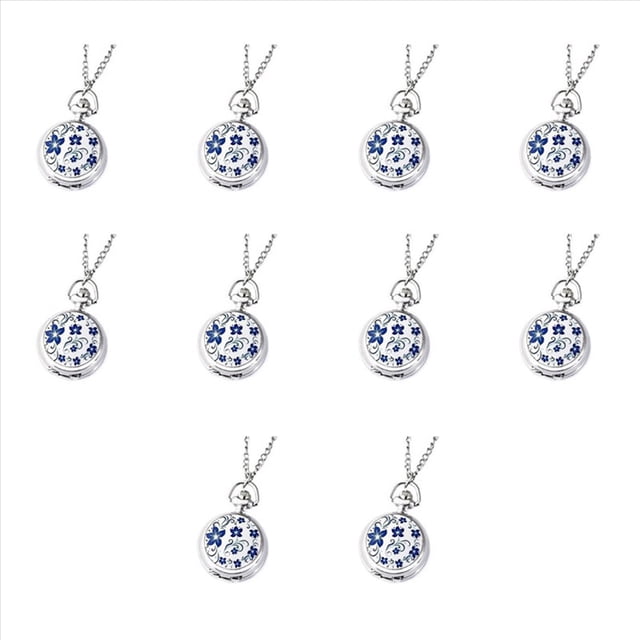 10X Reloj de Bolsillo Flor Azul Plata Pequeño de Cuarzo Retro Clásico Modelos de Pareja