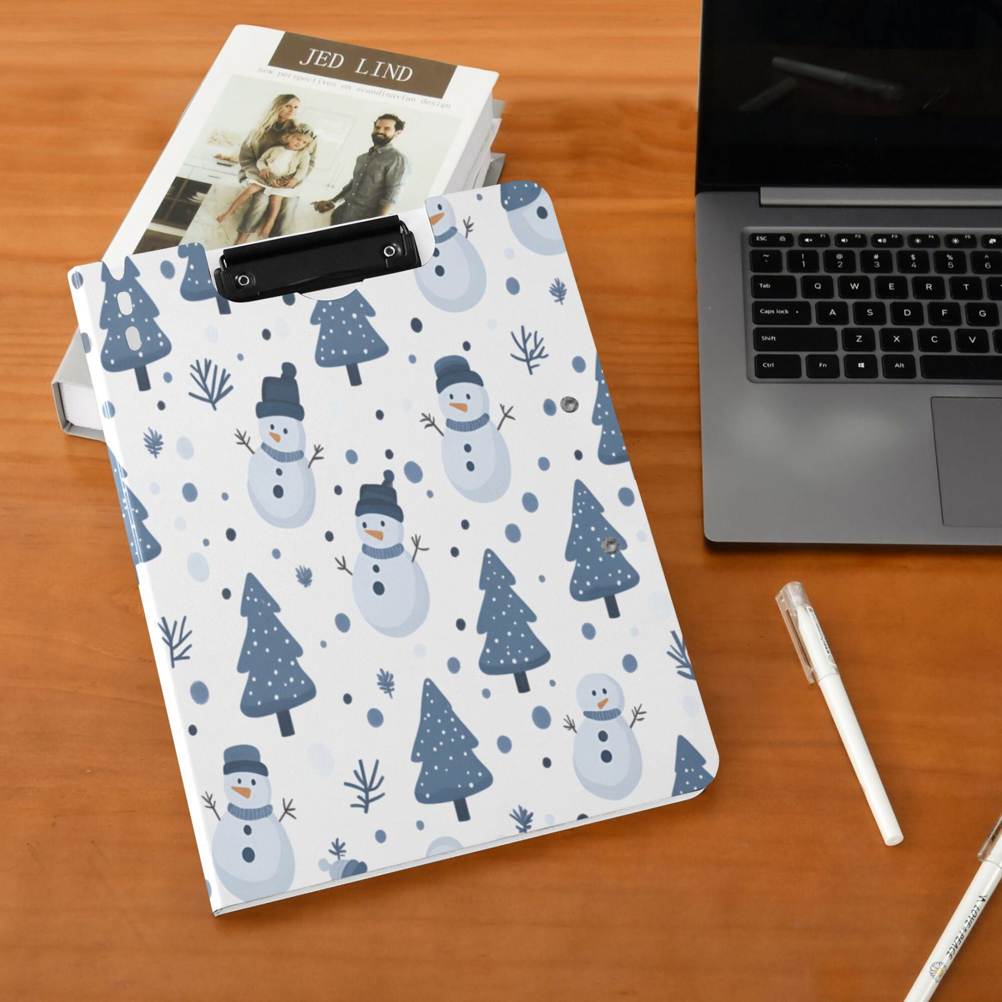 FORMRS A4 Clipboard Folder with Pen Holder Horizontal Foldable School Office Binder, Blue Cute Snowmen