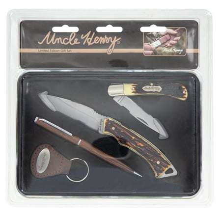 Uncle Henry Limited Edition 4 Piece Gift Set - Includes 3.1" Fixed-Blade Knife, 2.75" Folding Knife, Leather Keychain & Ball-Point Pen