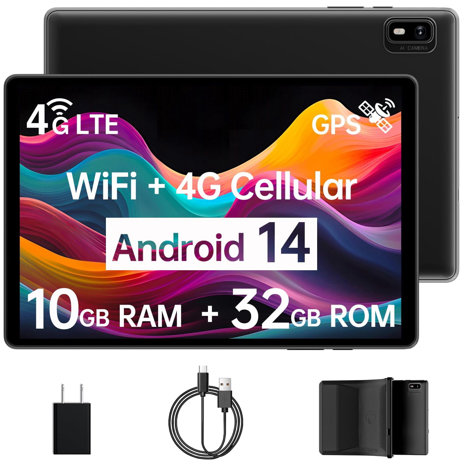 10-inch Android Tablet with Case, Unlocked Cellular Tablet with SIM Slot, 10GB RAM 32GB ROM 1TB Expandable, 2.4G/5G WiFi, BT5.0, 8MP Camera,GPS Navigation