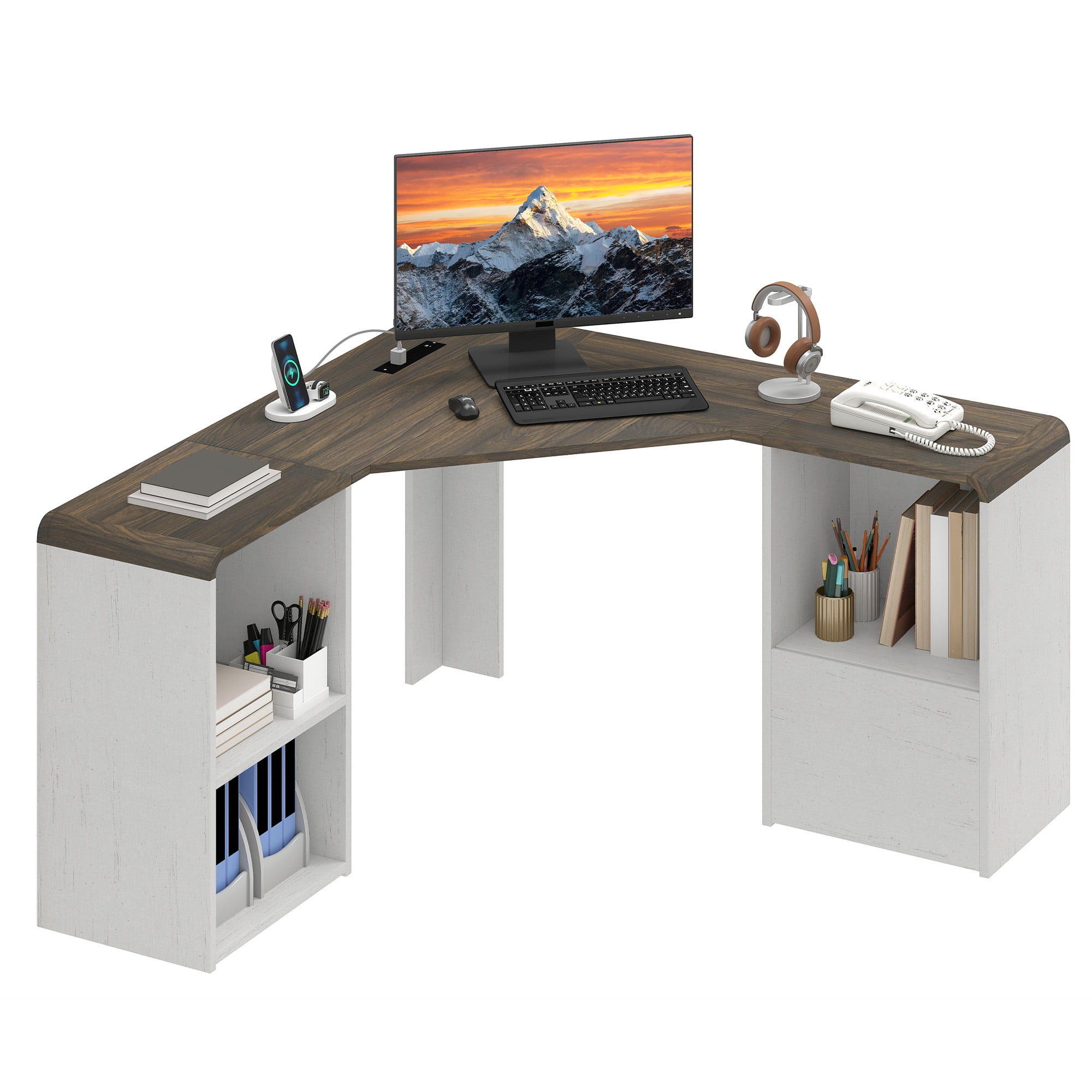 Homiflex L Shaped Desk with File Drawer 59" Modern Corner Computer Desk with Storage L Shape Home Office Desk Executive Desk with Power Outlets Storage Shelves File Cabinet for Working Writing, White