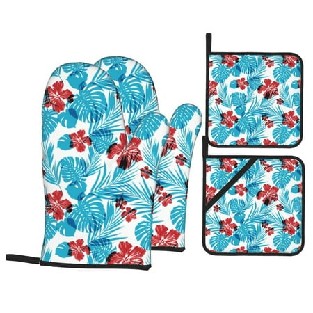 

Oven Mitts and Pot Holders Sets 4 pcs Hawaiian Style Blue Leaves Non-Slip Oven Gloves Potholders Soft Quilted Lining Heat Resistant Gloves Hot Pads for Kitchen Cooking Baking