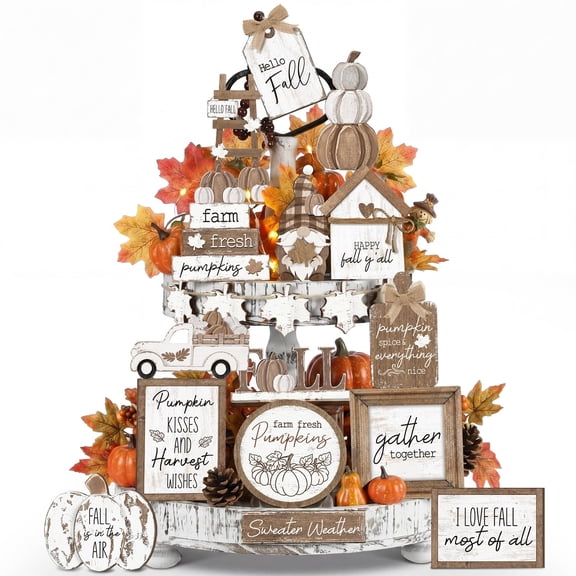 21 Pcs Fall Tiered Tray Decor Set, Rustic Farmhouse Thanksgiving Whitewashed Wooden Signs Gnome Truck Pumpkin Wood Bead Garland Vintage Table Centerpieces Autumn Harvest Home Kitchen Decor