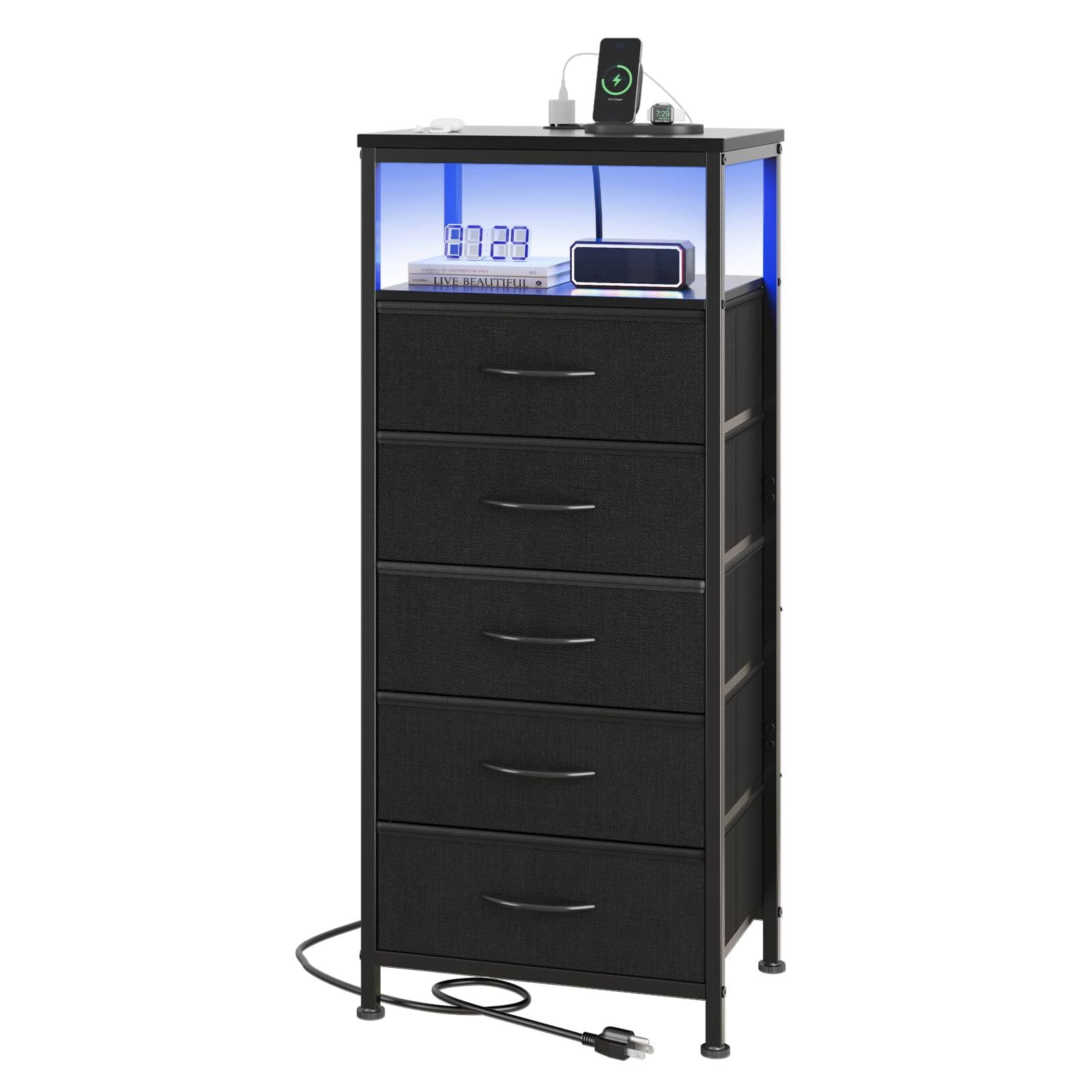 Kelno 5-Drawer Nightstand with Charging Station AC Outlets LED Light Dresser Bedside Table, Black