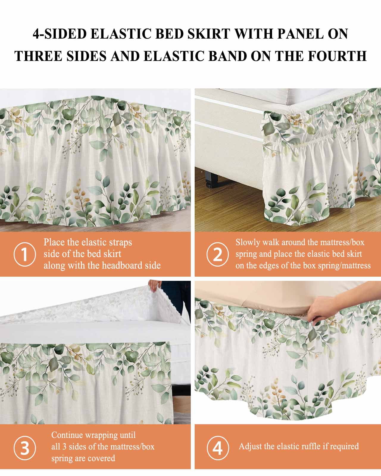 Retro Eucalyptus Leaves Ruffle Bed Skirt King Size Sage Green Leaf Summer Plants Linen Adjustable Elastic Dust Bed Skirts Wrap Around Bedskirt Wrinkle Free Easy Fit with 18 Inch Drop