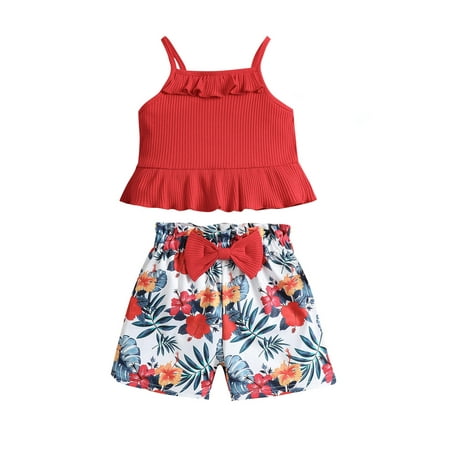 

JINSIJU Baby Girls 2Pcs Summer Outfits Sleeveless Ribbed Knit Strap Tops + Bow Floral Shorts Set