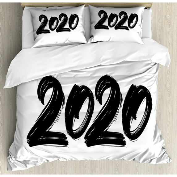 New Year Duvet Cover Set Queen Size, Monochromatic Illustration of Handwritten 2020 Brush Paint Style Print, Decorative 3 Piece Bedding Set with 2 Pillow Shams, Charcoal Grey White, by Ambesonne