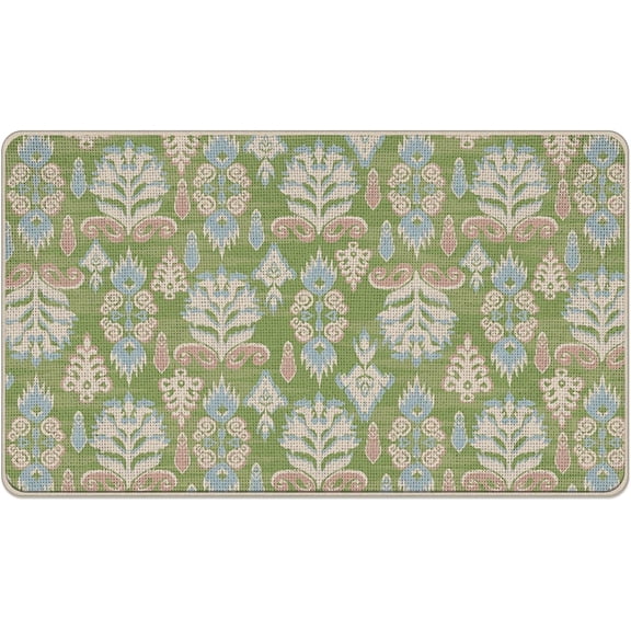 Vintage Floral Welcome Front Door Mat, Retro Green Damask Pattern Decorative Doormat Non-Slip Floor Entryway Rug, Farmhouse Low Profile Indoor Outdoor Home Kitchen Decoration 17x29 Inches