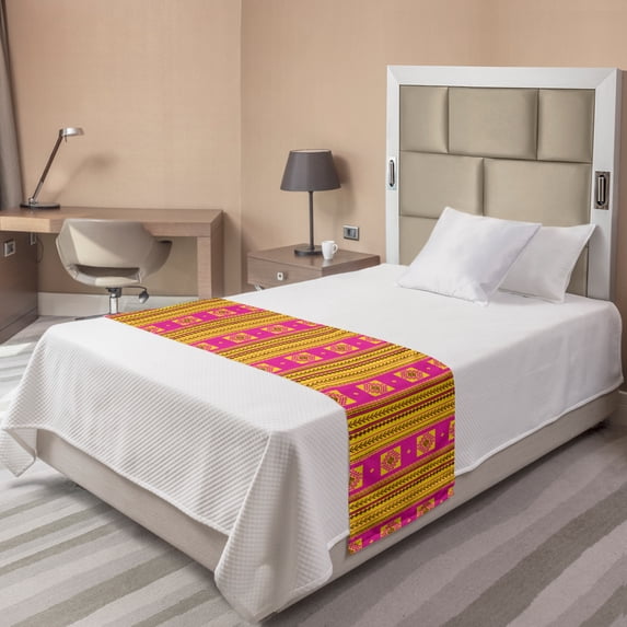 Ethnic Bed Runner, Summer Inspired Pattern with Geometric and Traditional Ornaments, Decorative Accent Bedding Scarf for Hotels Homes and Guestrooms, Twin, Hot Pink Yellow, by Ambesonne