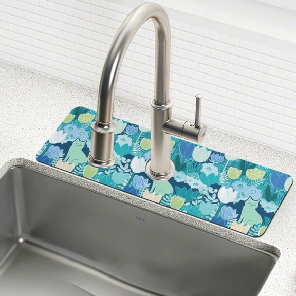 Yayeee Faucet Mat for Kitchen Sink 14.7" Diatomite Long Splash Guard Pad, Vibrant Cat Pattern