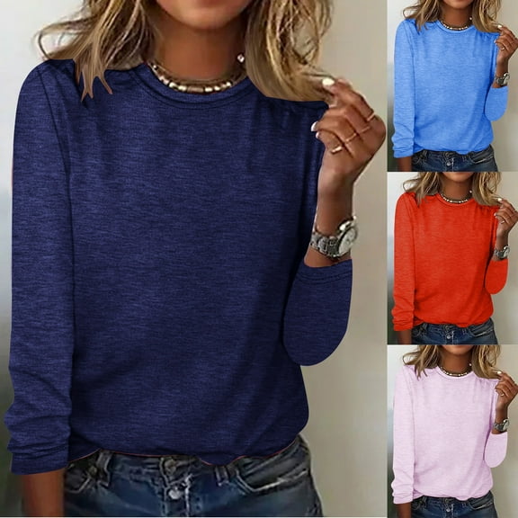 Olyvenn Winter Womens Thin Sweatshirts Blouse Clothing 2023 Crew Neck Shirts Comfy Loose Fit Casual Lightweight Dressy Blouse Workout Long Sleeve Womens Tops Elegant Solid Tees Trendy Red 12