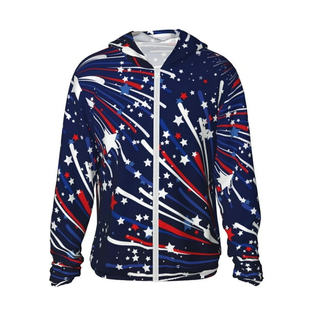 Fotbe Red White Blue Fireworks 1 Chaqueta con Protección Solar UPF 50+ para Hombre y Mujer, Camisa con Capucha y Bolsillos-Small