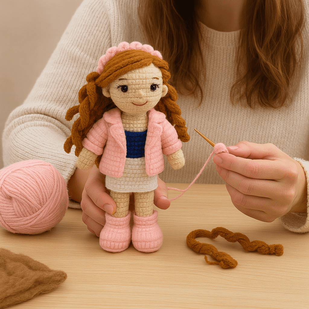 Handmade Crochet Girl Doll – Woolen Plush in Pink Jacket, White Skirt & Headband | Stylish Soft Toy for Kids & Gifting