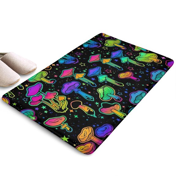 Colorful Mushroom Star Black Flannel Non Slip Door Rugs,Washable Door Mats Indoor,Decorative Door Mats,Dirt-Resistant and Absorbent Doormat for Entrance,Bedroom,Kitchen,Bathroom,23.5"x16"