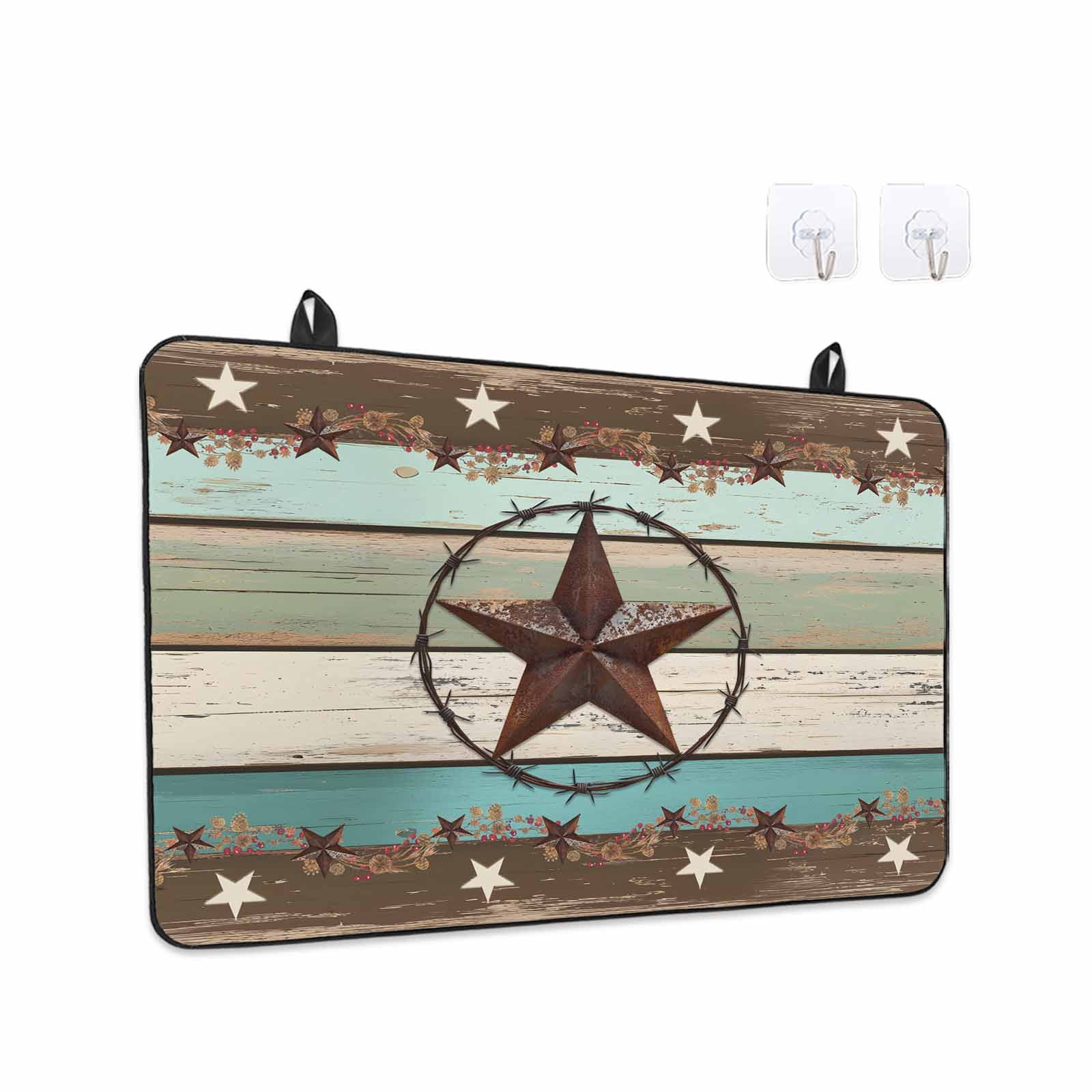 Teal Brown Texas Star Stove Top Cover for Electric Stove, Heat-proof & Non Slip Glass Top Stove Cover Protector, Farmhouse Country Wooden Kitchen Flat Cooktop Rubber Mat 24x21 Inches