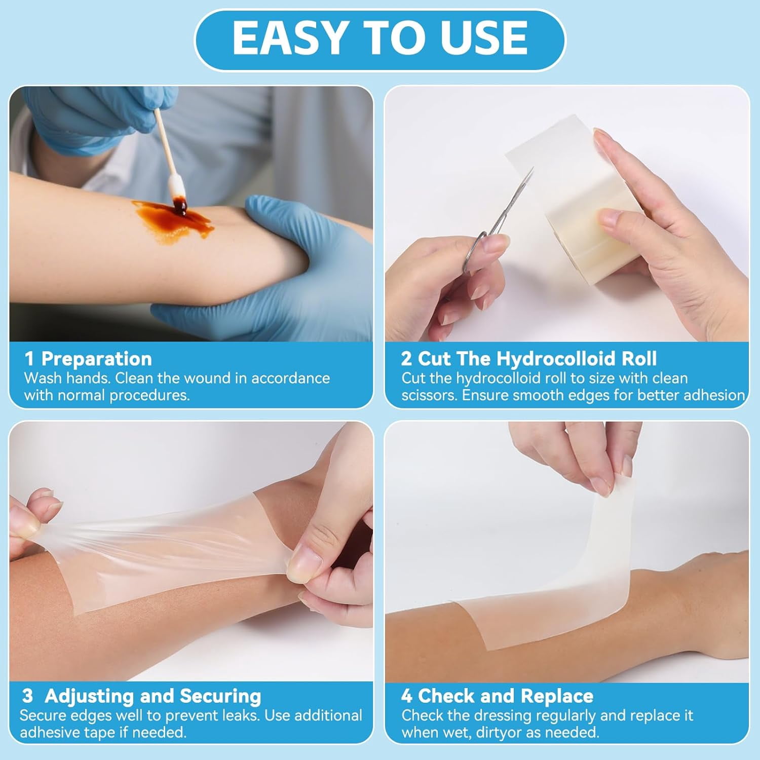Hydrocolloid Dressing Roll for Wound Care, 4in*10ft, Cut-to-Size Patch, Hydrocolloid Bandages with Self-Adhesive, Ultra Absorbent, Flexible & Waterproof, First Aid Kit Essential