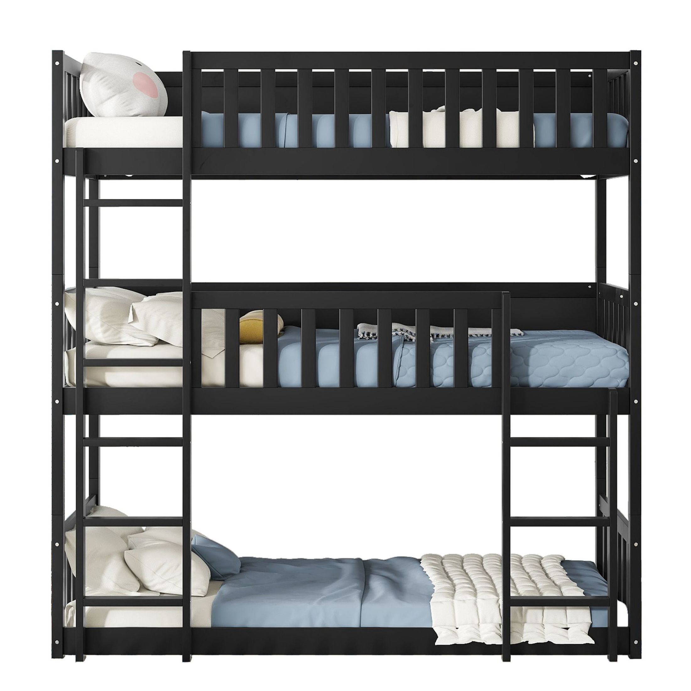 Noble House Lydia Triple Rubber Wood Bunk Bed, Convertible Twin over Twin over Twin with Guardrails and Ladders, Black