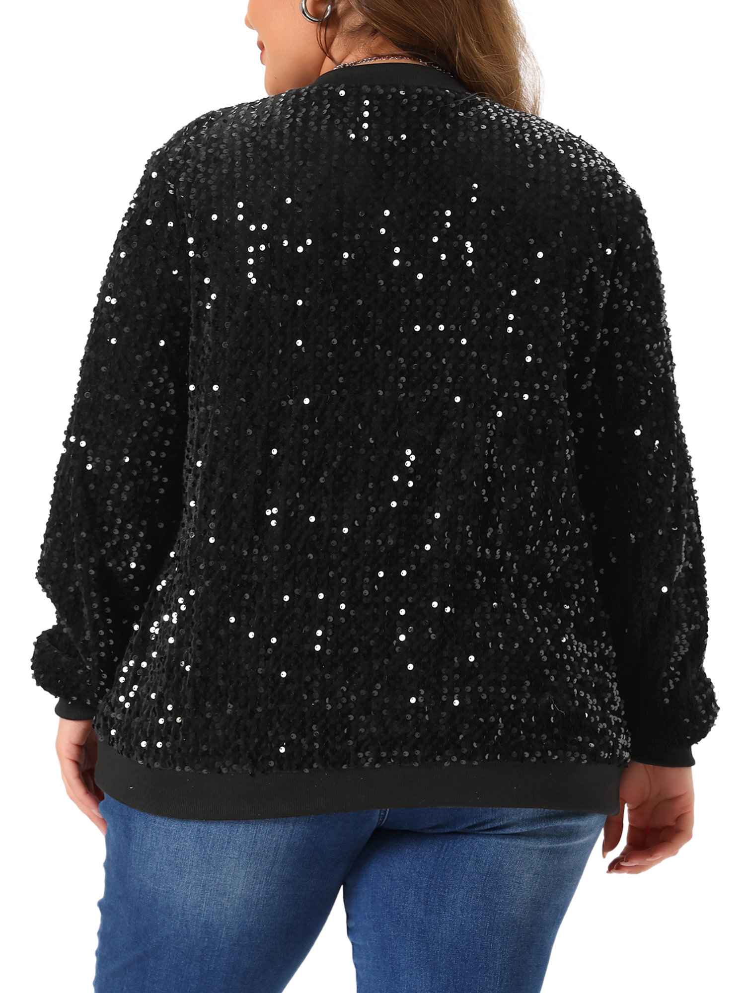 DARING DIVA Plus Size Sequin Sparkle Long Sleeve Front Zip Bomber Jacket 1X Black