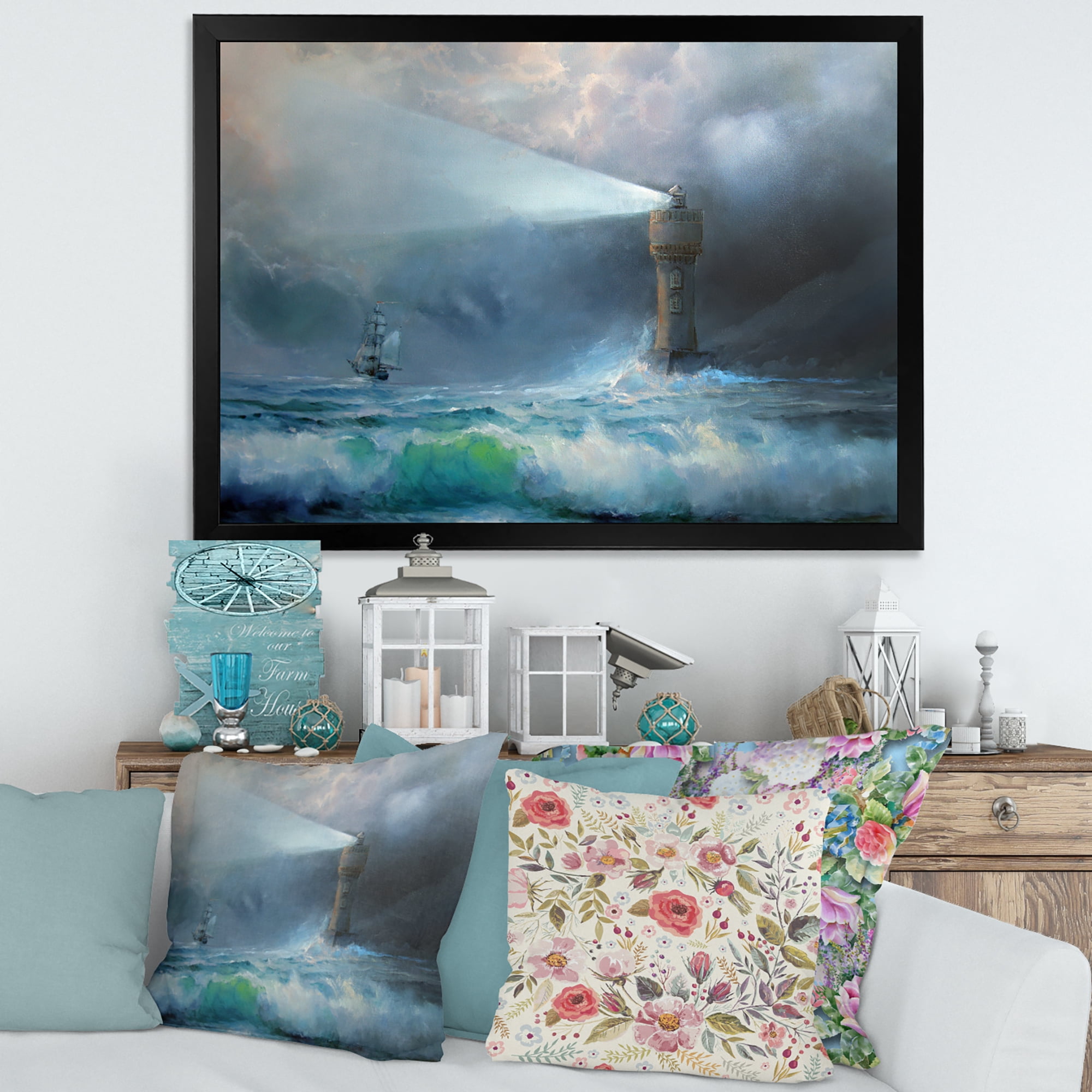 Lighthouse Shining Light During Stormy Clouds Night II 32 in x 24 in Framed Painting Canvas Art Print, by Designart