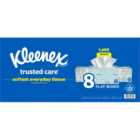 Kleenex Trusted Care Facial Tissues, 8 Flat Boxes, 200 Tissues per Box, 2-Ply (1,600 Total Tissues)