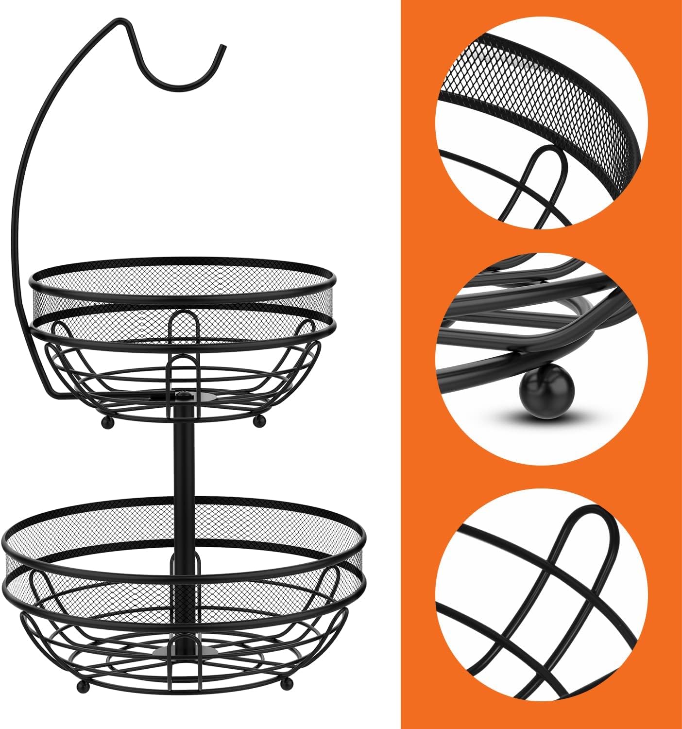 Fruit Basket, Fruit Bowl 2 Tier Fruit Rack for Kitchen, Fruit Bowl for Kitchen Counter, Detachable Fruit Holder with Banana Hanger - Black
