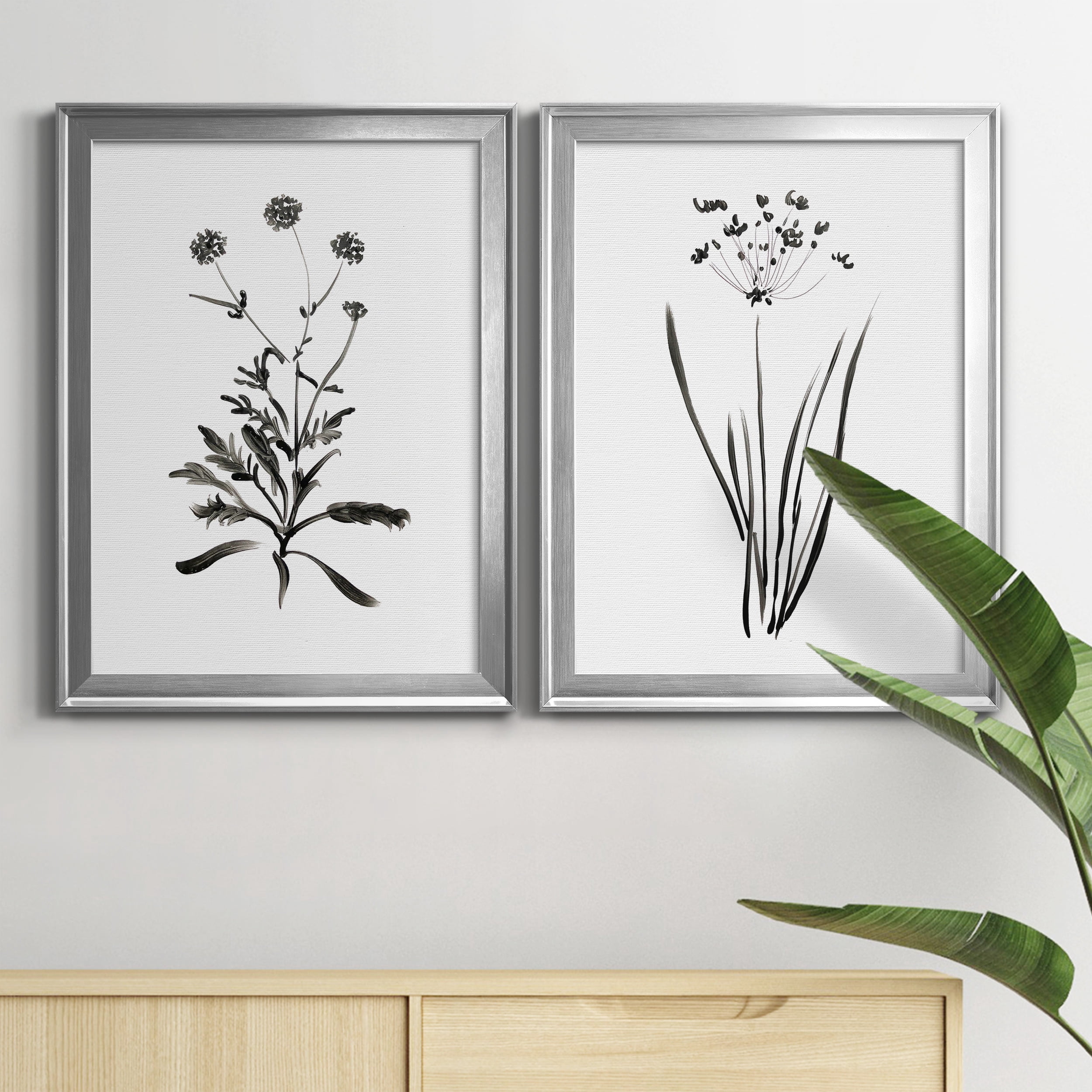 2 Piece Set Inky Botanical I Premium Framed Canvas - Ready to Hang - 18.5 x 24.5 Each - Silver Frame