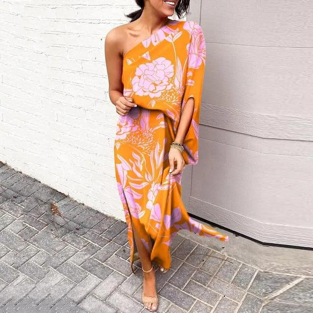 TMOYZQ 50 % de Rabais Été! Robe Longue Maxi à une Épaule pour Femmes, Ourlet Fendu, Imprimé Floral, Manches Courtes Évasées, Coupe Ample Froncée, Robe de Cocktail, Robe de Soirée, Robes d'Invitée de Mariage
