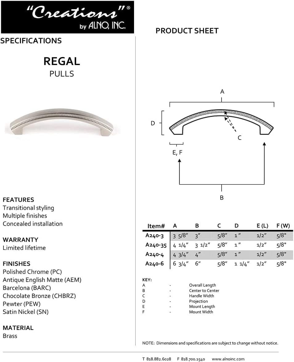 Alno A240-6-PB/NL Regal 6" Center To Center Ridged Solid Brass Arch Bow Cabinet Handle /