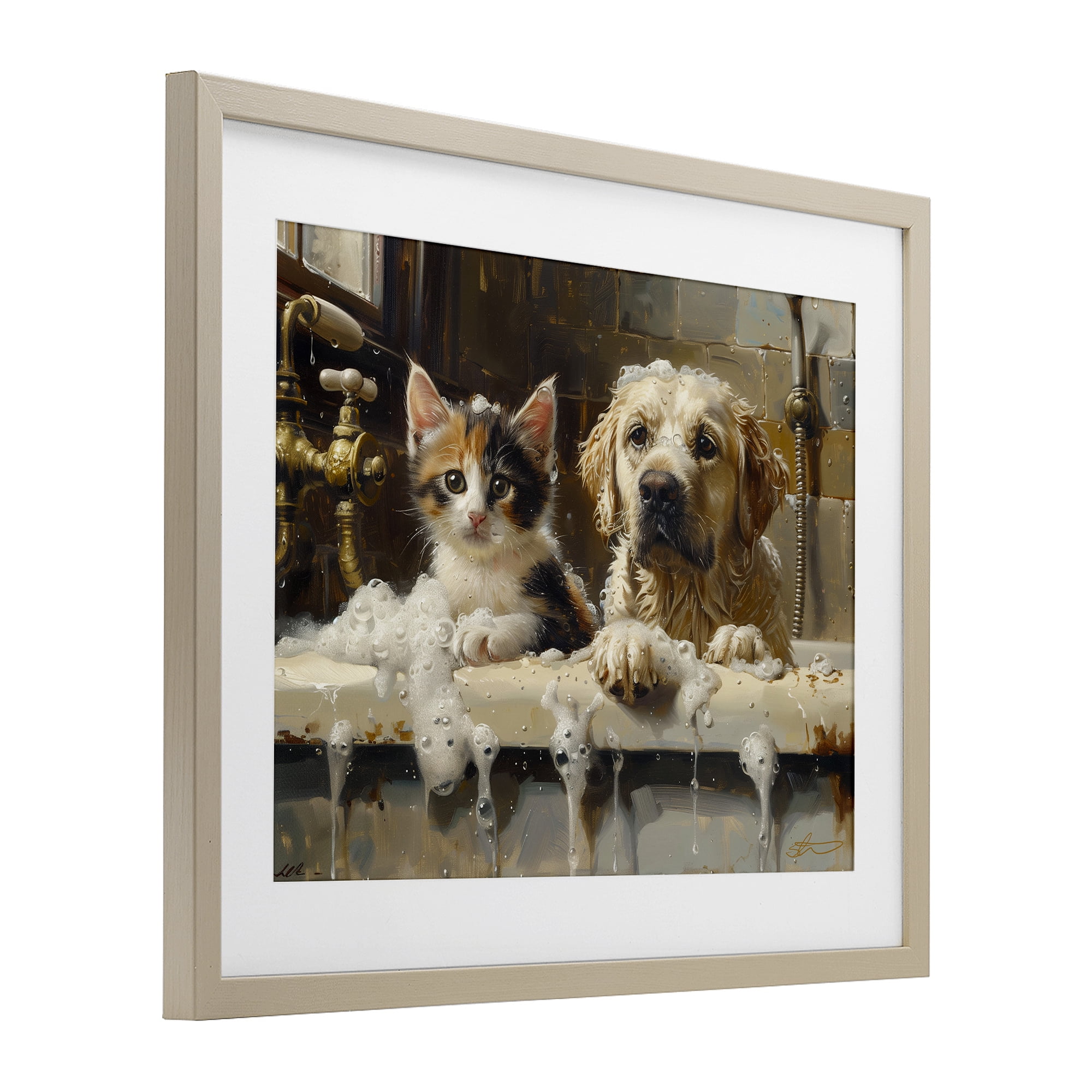 Bath Buddies Cat & Dog Birch Framed Print Under Glass, design by Shawna Stewart